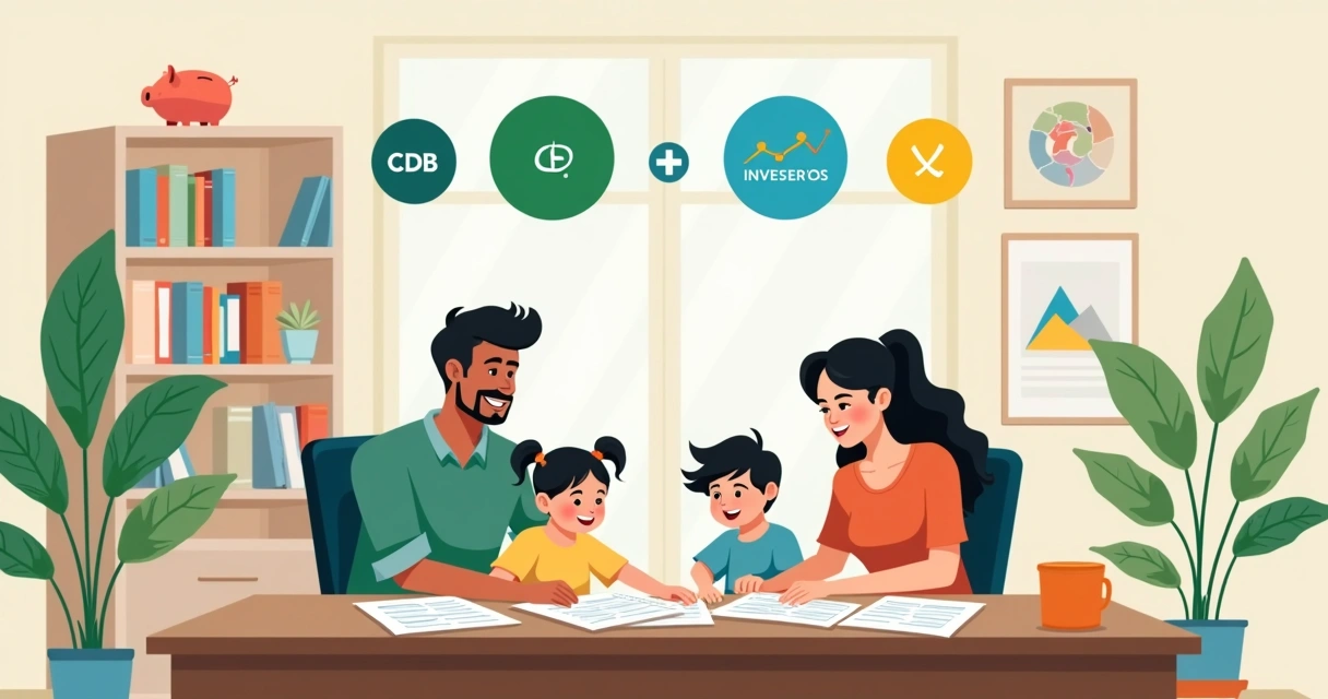 Família discutindo investimentos em uma mesa com gráficos e notas de dinheiro 