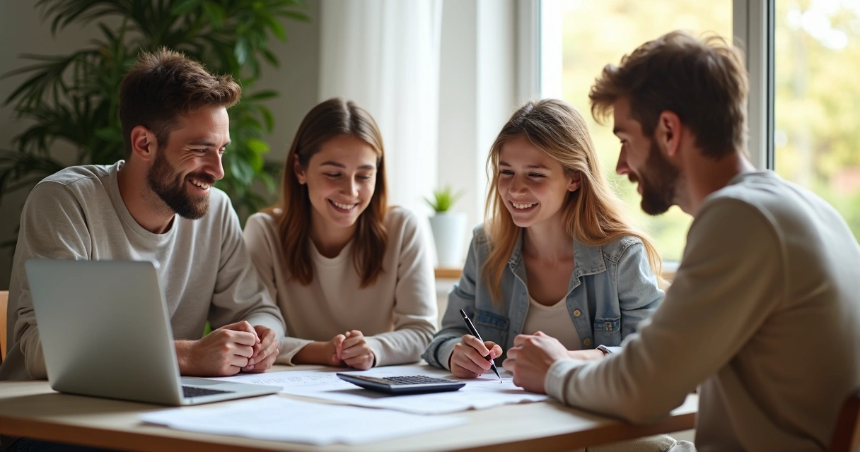 Família reunida analisando contratos imobiliários