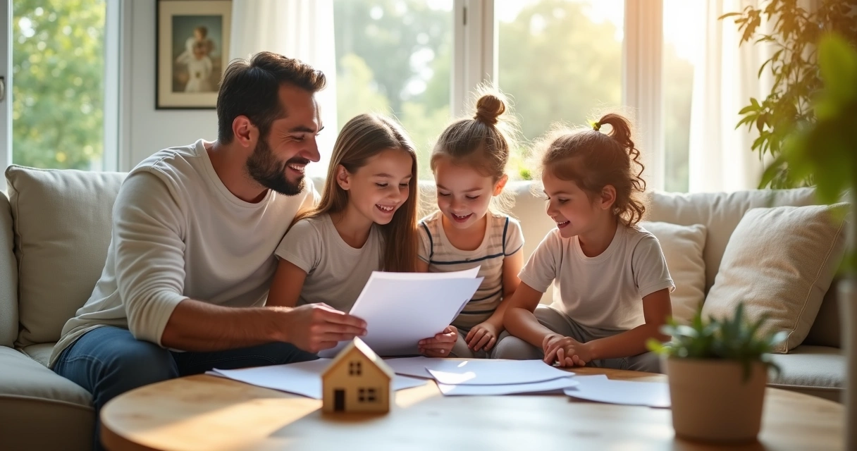 Família analisando documentos de imóvel felizes