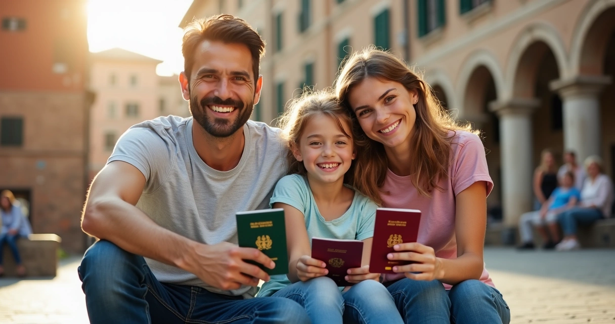 Família feliz com passaportes sentada em praça italiana 