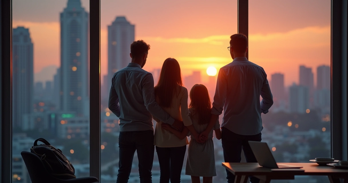 Família observando a cidade pela janela ao fim da tarde