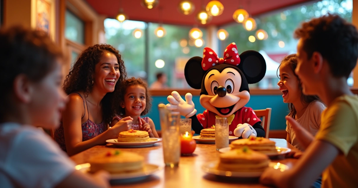 Família jantando com personagens em Orlando 