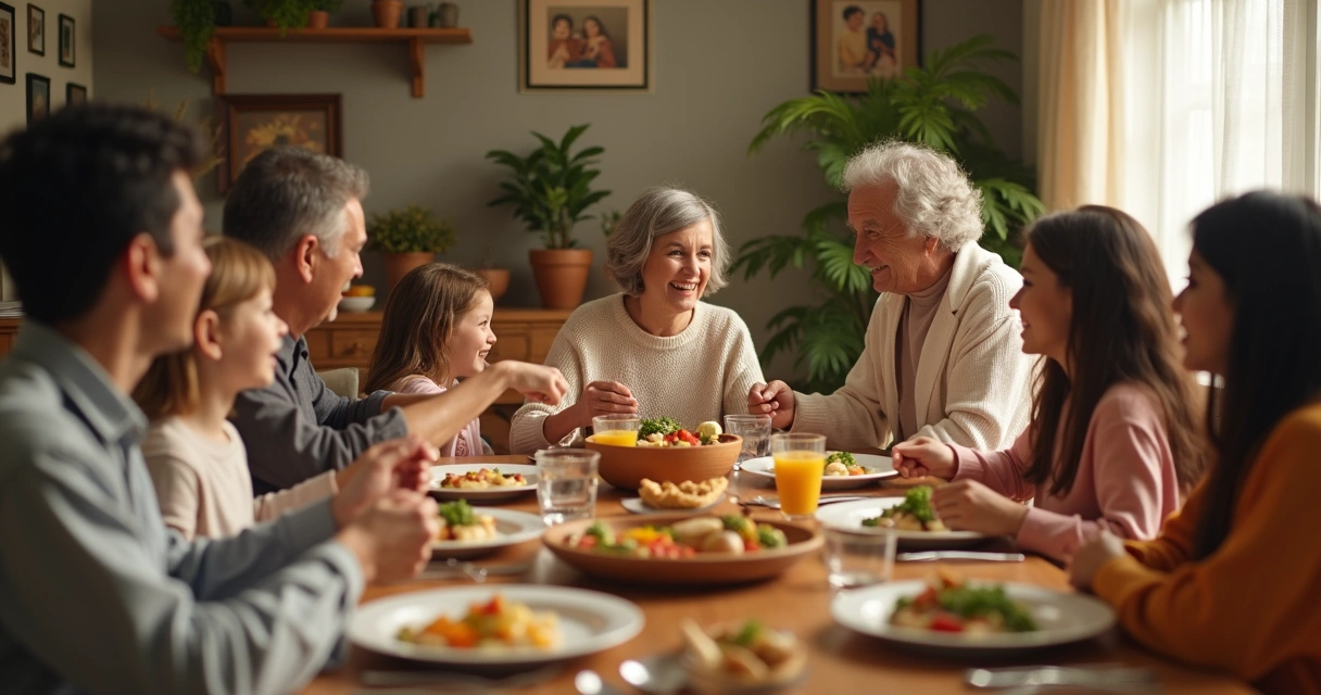 Família reunida ao redor da mesa de jantar, compartilhando uma refeição.