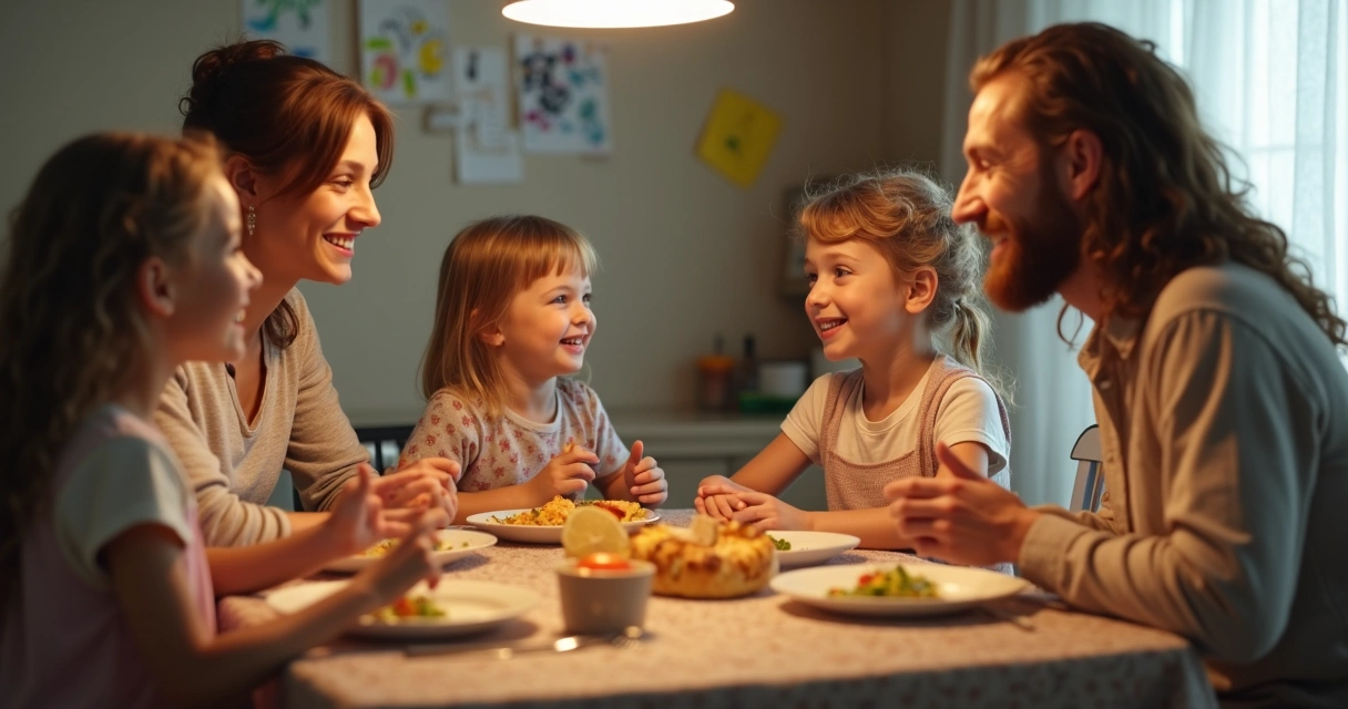 Família sentada em mesa de jantar, todos atentos e sorrindo uns para os outros, sem aparelhos eletrônicos