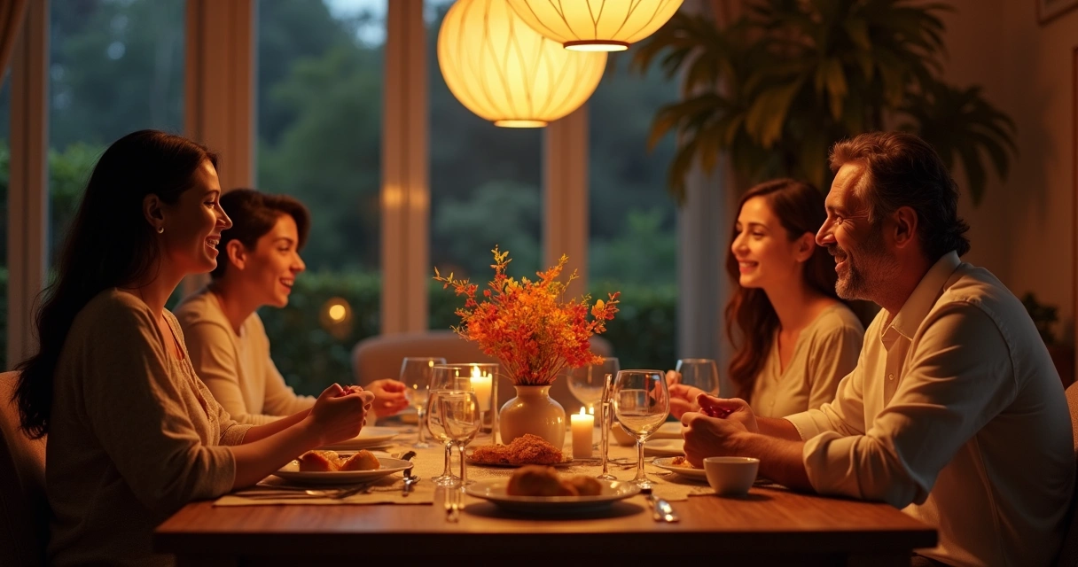 Família reunida na mesa do jantar sorrindo e compartilhando agradecimentos 