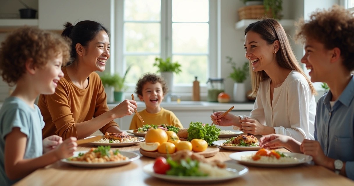 Família reunida jantando junto ao redor da mesa