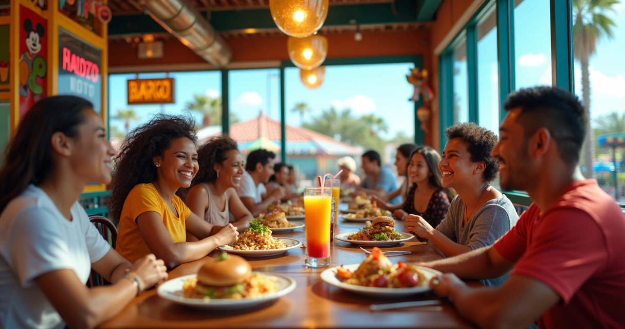 Família brasileira jantando em restaurante temático colorido próximo aos parques de Orlando