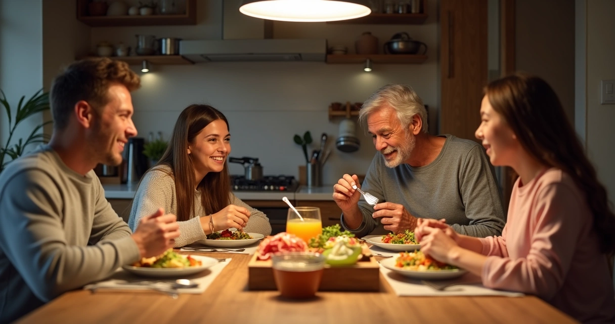 Família reunida jantando à mesa sem celulares 