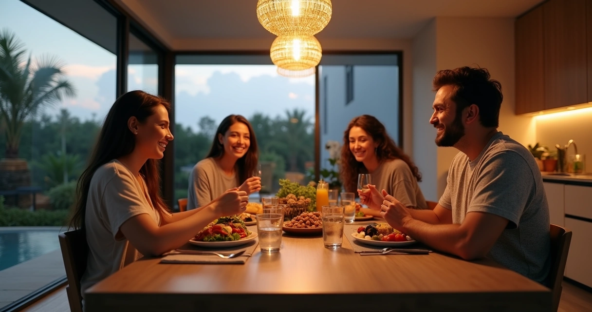 Família brasileira jantando em casa de temporada em Orlando