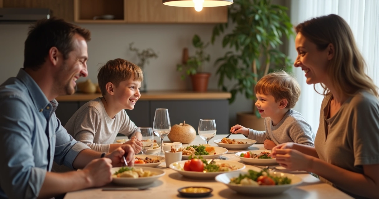 Família reunida à mesa sorrindo durante refeição supervisionada 