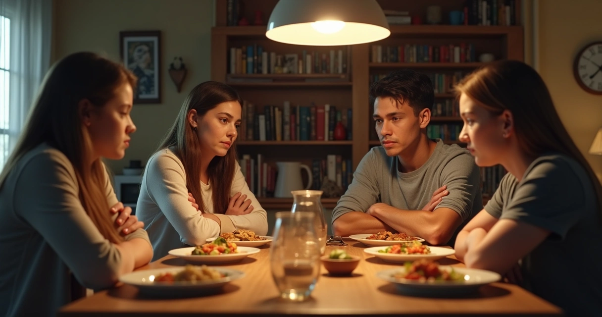 Família reunida em mesa de jantar, conversando de forma séria 
