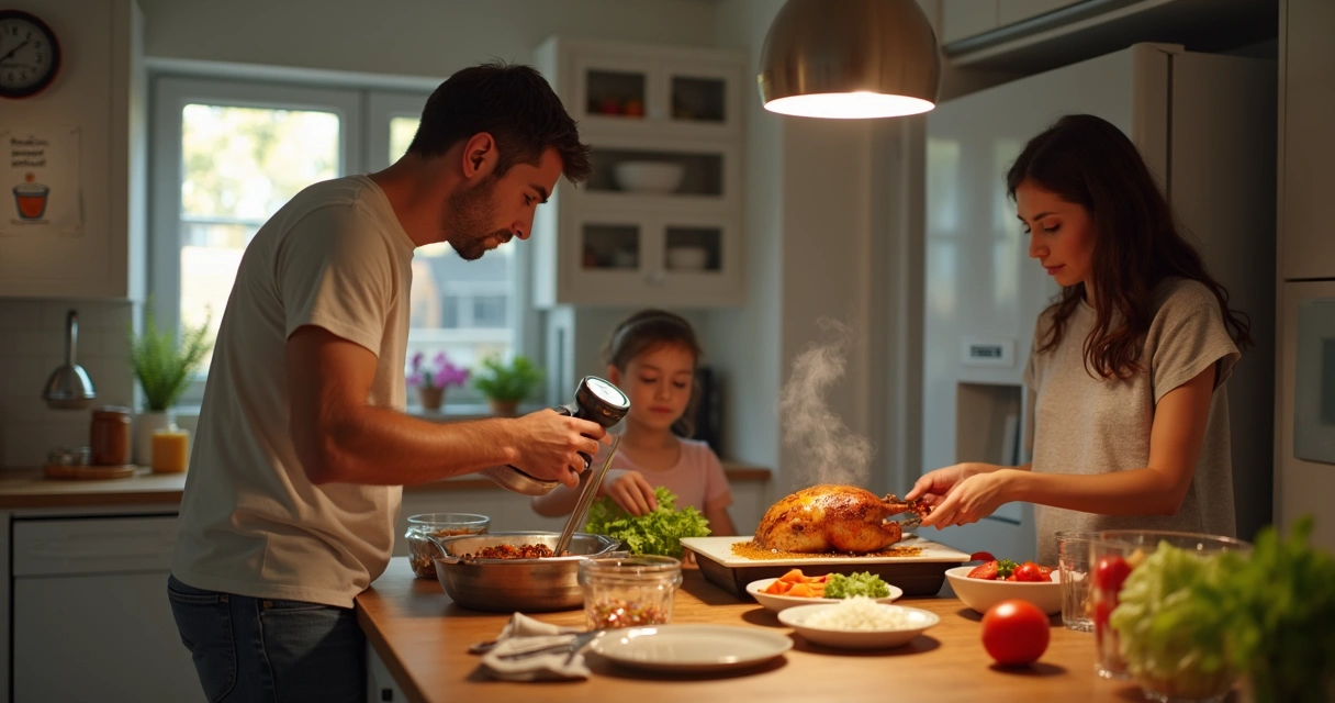 Família preparando jantar na cozinha enquanto um adulto verifica a temperatura dos alimentos com termômetro digital 