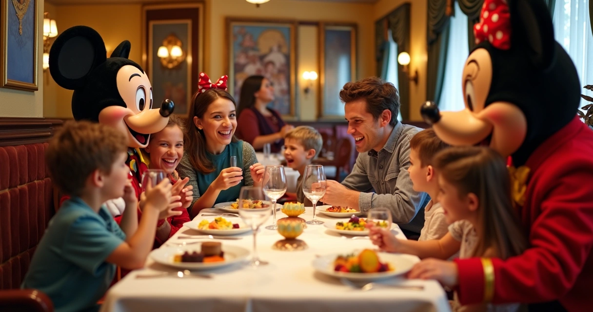 Família sorridente jantando com personagens Disney