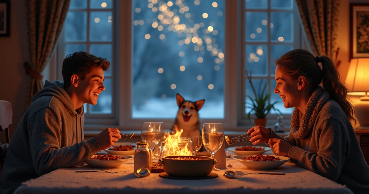 Família ao redor da mesa jantando no inverno, com cachorro, comida e uma janela mostrando estrelas. 