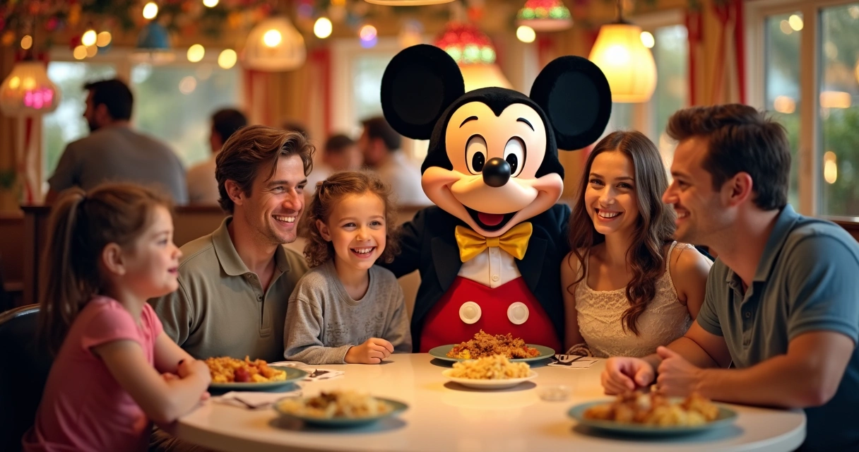 Família sorrindo sentada em mesa de restaurante temático com o Mickey 