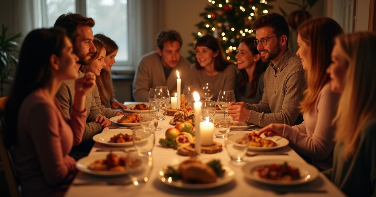Família reunida ao redor da mesa comemorando data festiva 