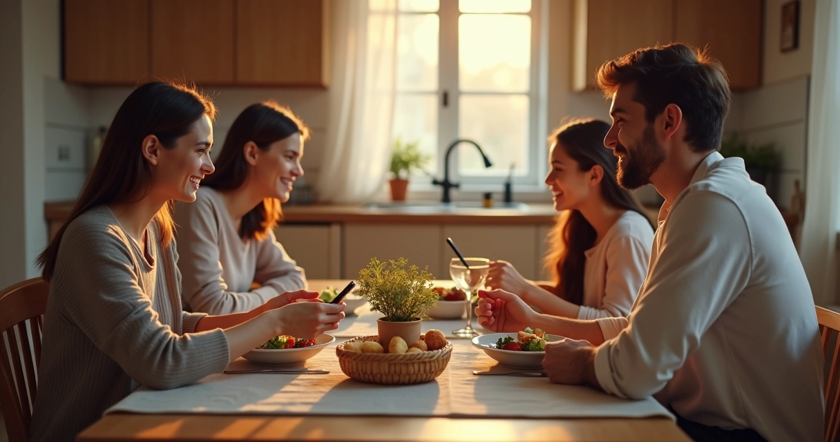 Família reunida à mesa sem celulares durante o jantar