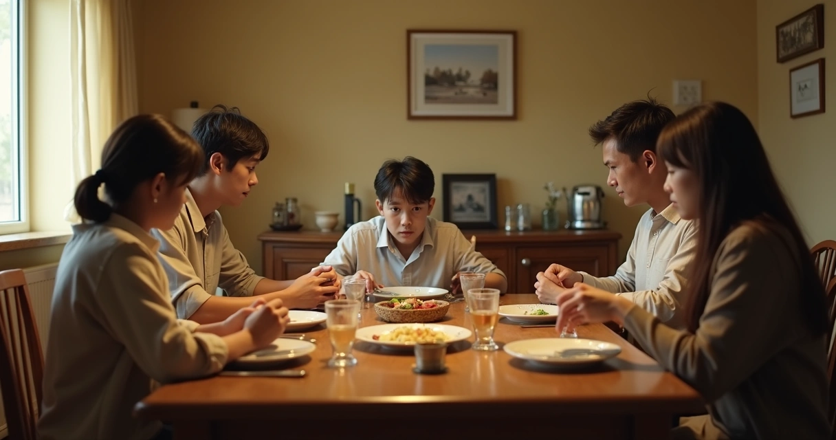 Família em jantar com uma pessoa isolada à mesa 