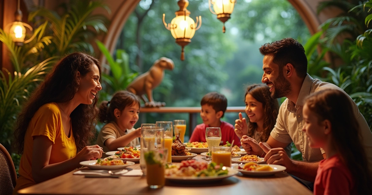 Família brasileira sorrindo durante jantar temático em restaurante de Orlando 
