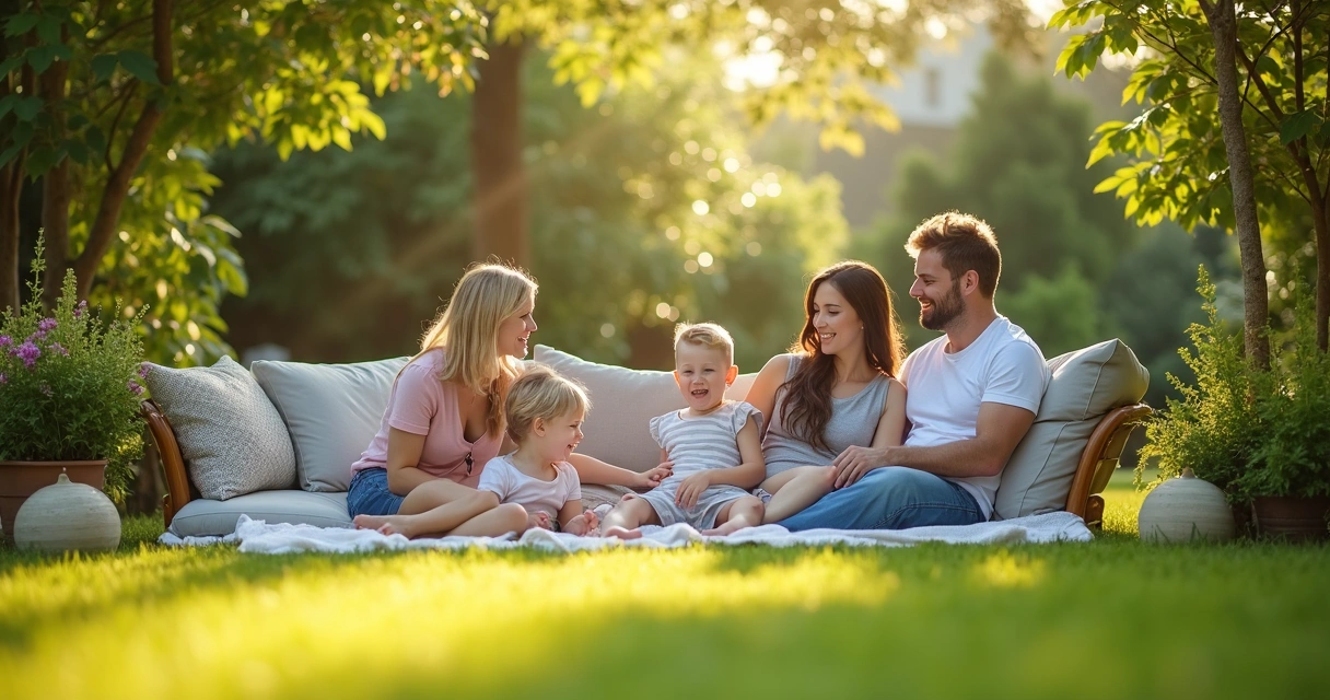 Família relaxando em jardim com plantas e luz do sol