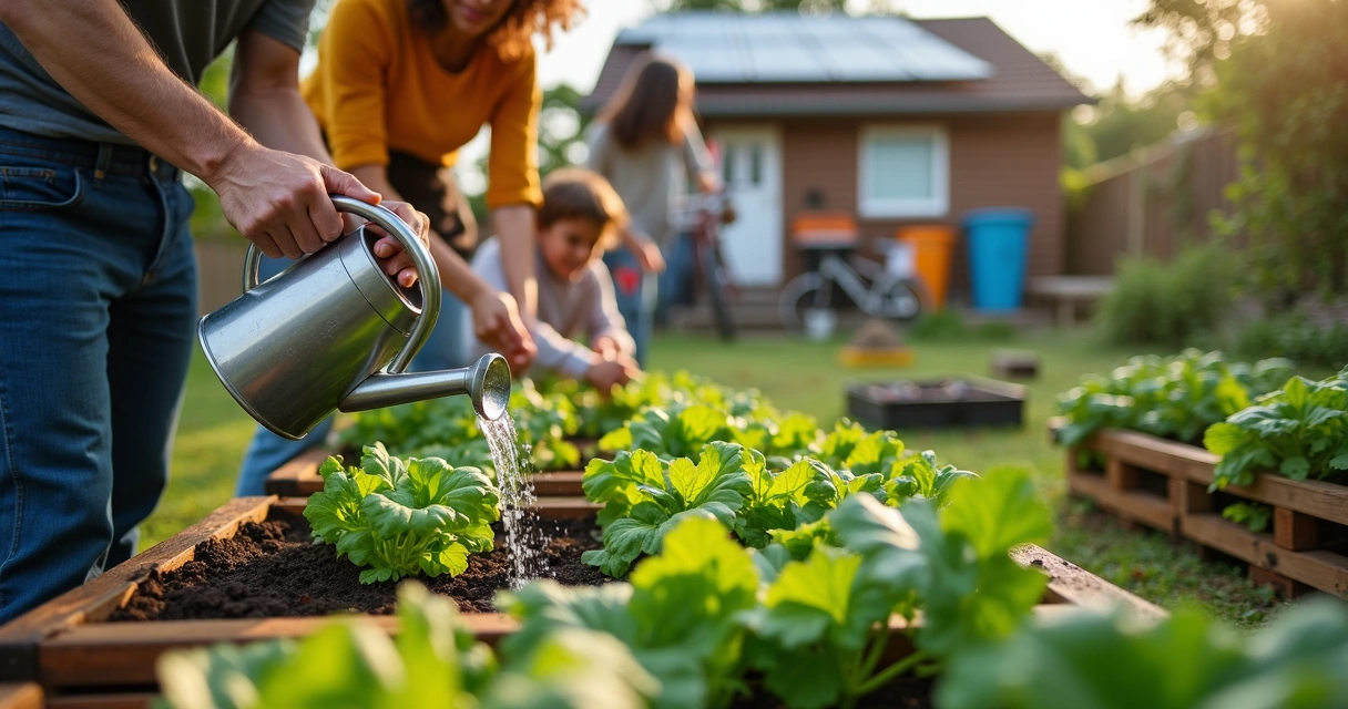 Família em jardim doméstico regando horta com regador de metal 