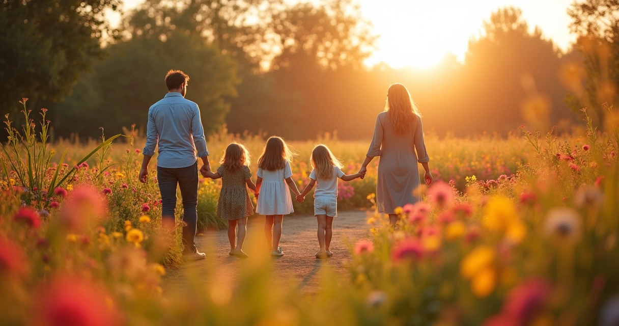 Família reunida em jardim florido ao pôr do sol, momento de reflexão e gratidão. 