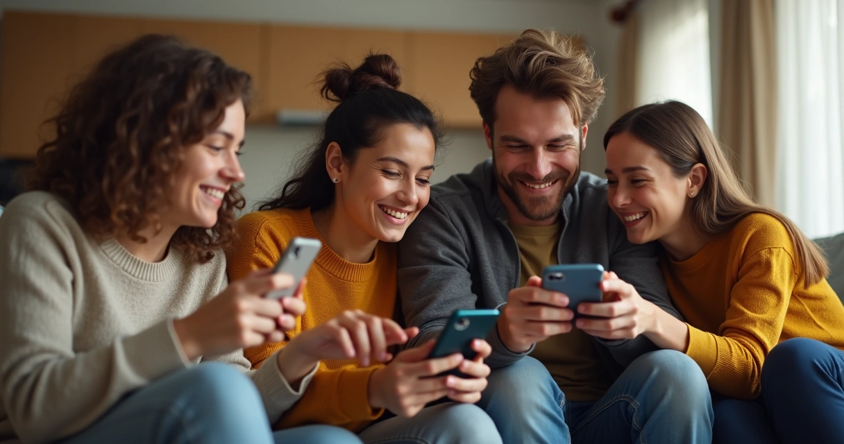 Família reunida jogando jogos em celulares