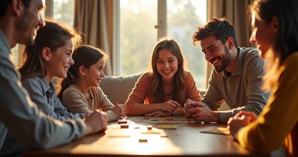 Família sentada ao redor de uma mesa jogando jogo de tabuleiro 