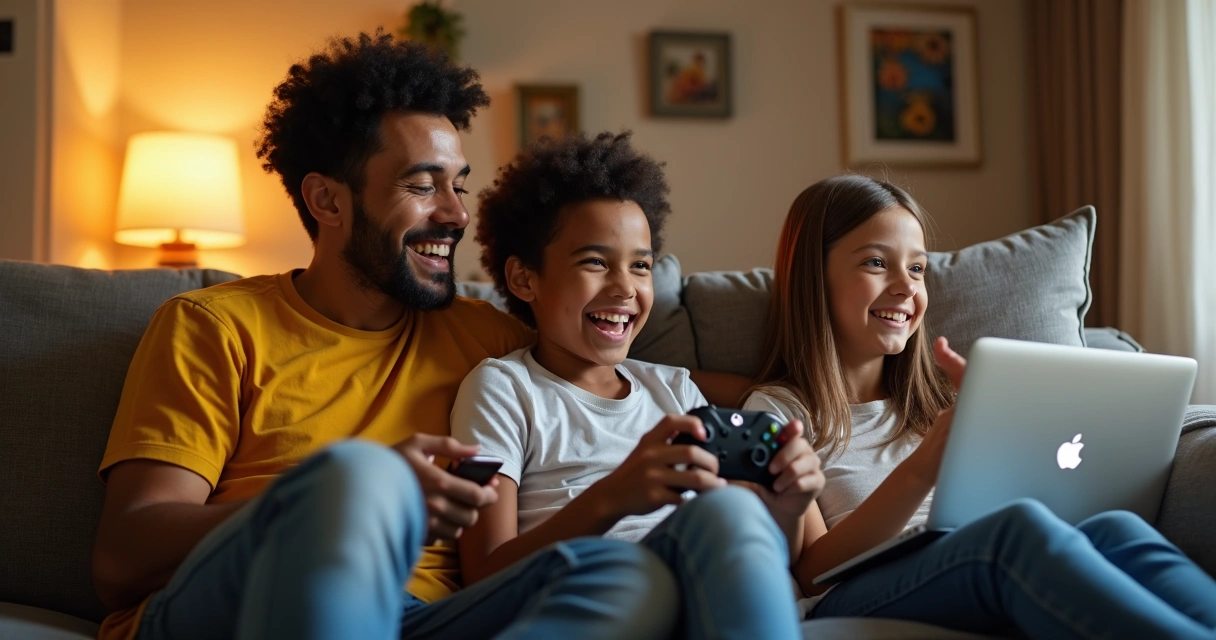 Família jogando multiplataforma utilizando PC, console e celular 
