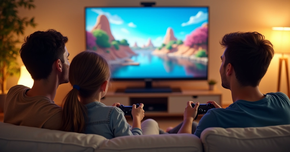 Família jogando videogame juntos na sala 