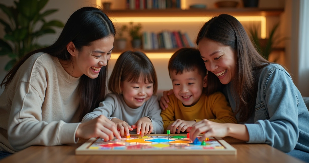 Família se diverte jogando jogo de tabuleiro moderno