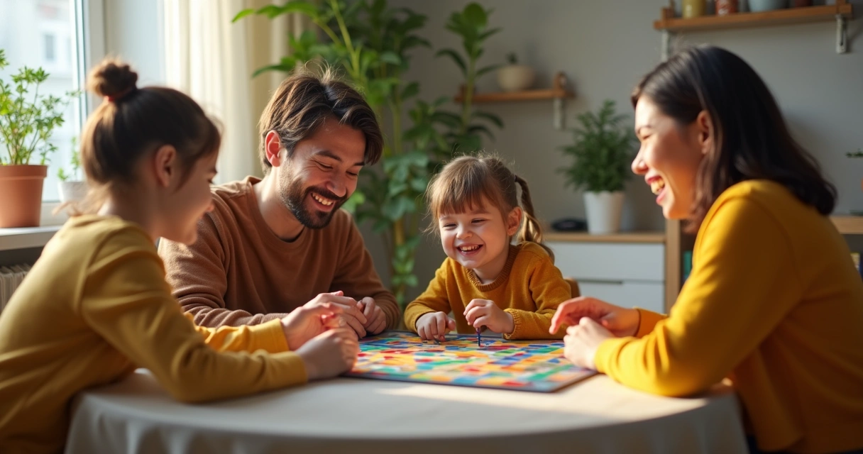 O que fazer em casa: 25 ideias para aproveitar cada momento 4 Família reunida jogando tabuleiro na mesa da sala