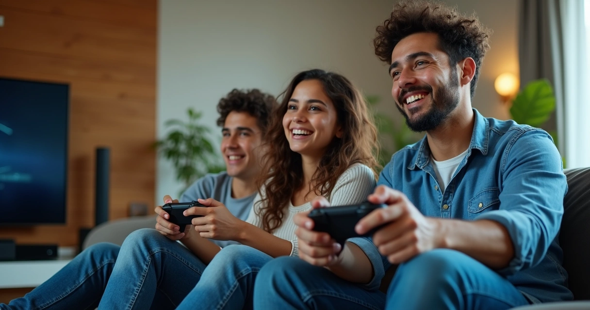 Família jogando videogame na sala, expressão alegre, controle na mão 