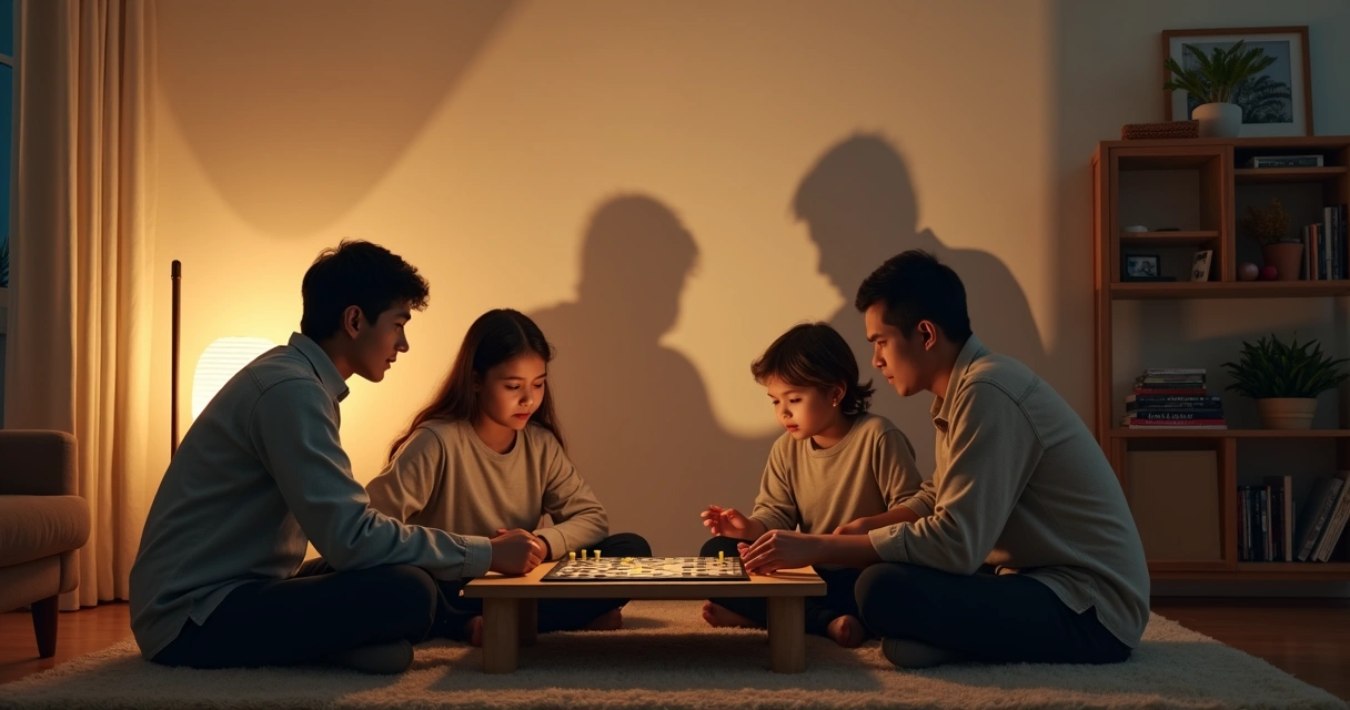 Família observando sombras distorcidas projetadas na parede enquanto joga 