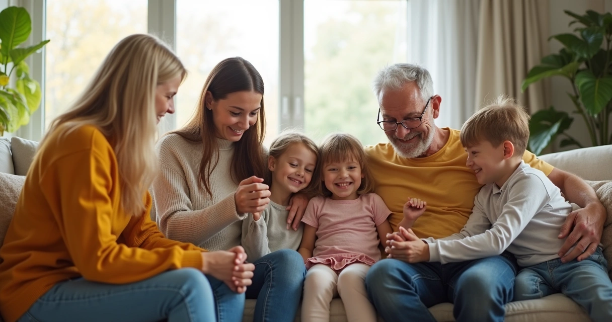 Família reunida em sala, diferentes gerações interagindo