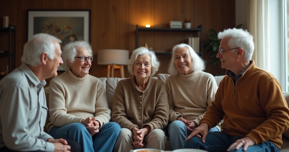 Grupo familiar de diferentes idades sentado em círculo na sala de casa 
