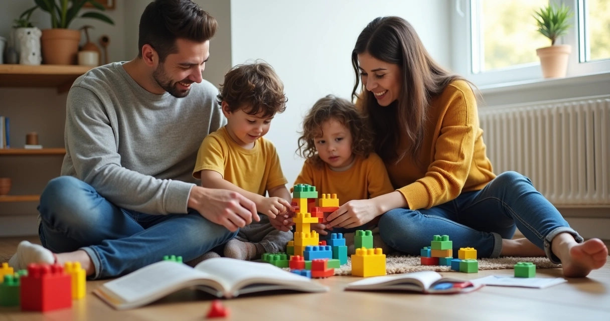 Familia sentada en un suelo de madera jugando con juguetes de construcción 