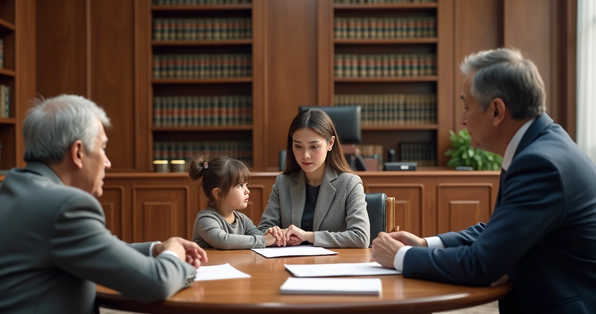 Sala de audiência com família, juiz e advogado discutindo guarda de criança.