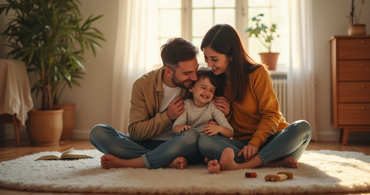 Família de três pessoas sentada em um tapete, rindo e abraçando em um ambiente aconchegante 