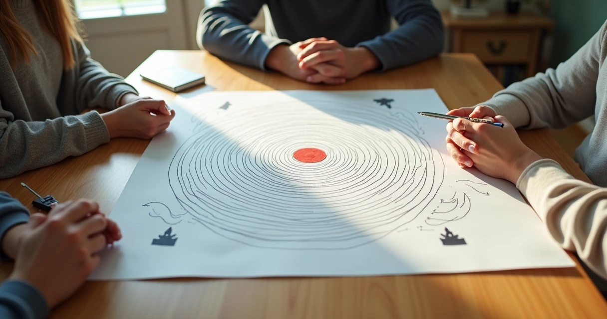 Familia alrededor de mesa con laberinto dibujado negocia un acuerdo 