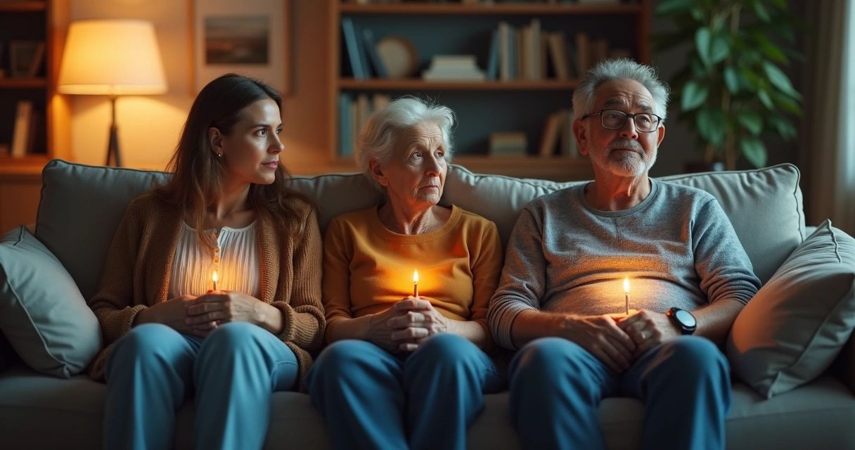 Família em silêncio conectada por linha sutil de luz 