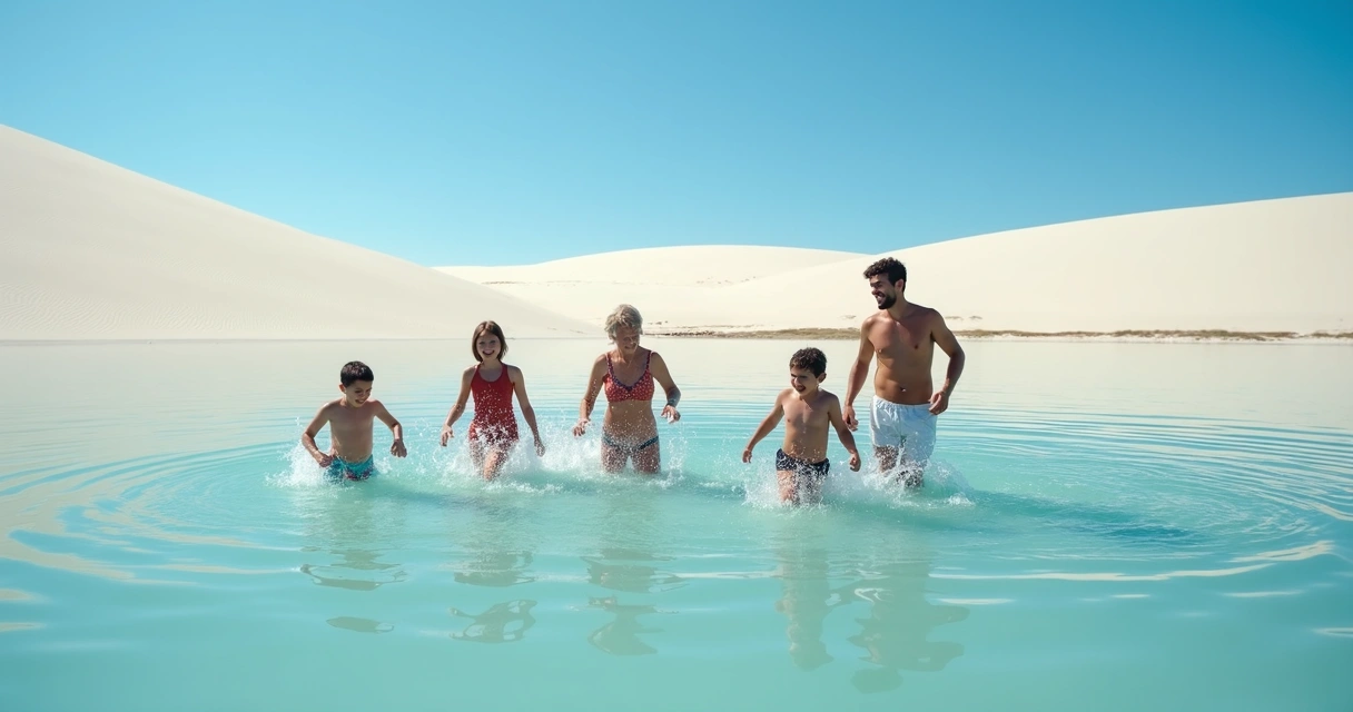 Família se divertindo na lagoa em meio às dunas dos Lençóis Maranhenses 
