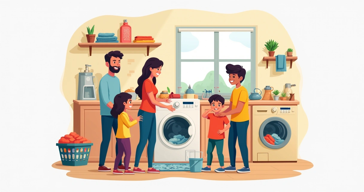 Família organizando roupas na lavanderia 