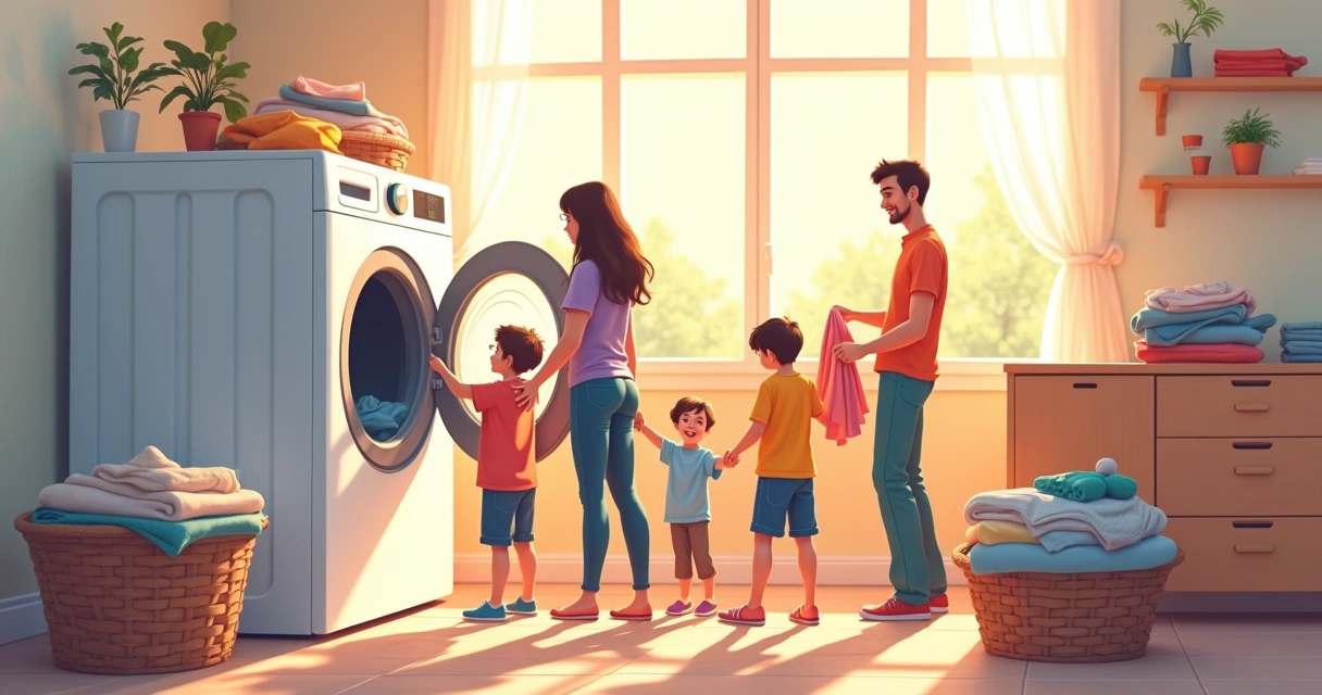 Família reunida em volta da máquina de lavar roupa 