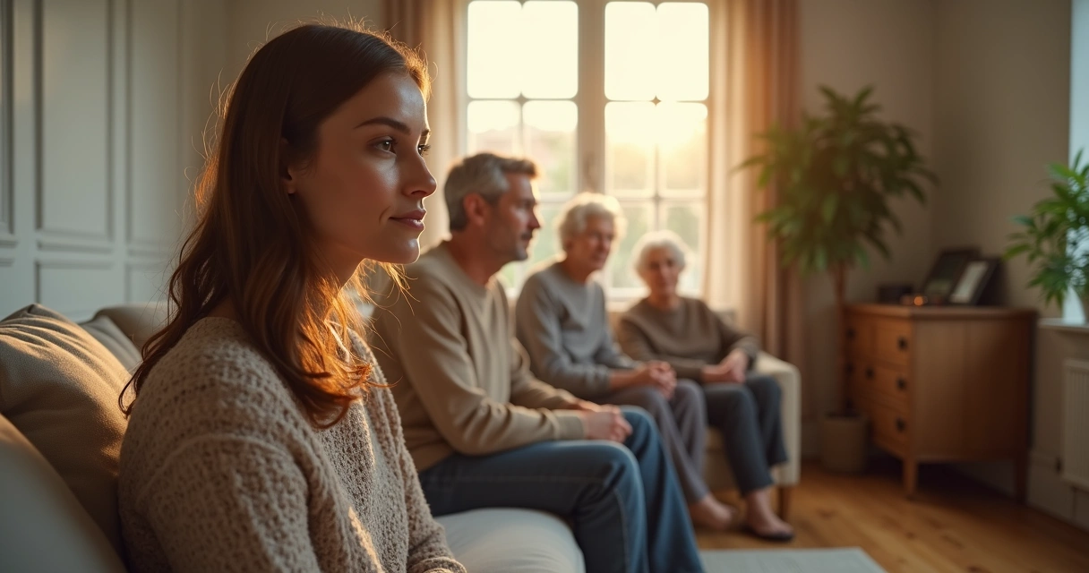 Família sentada em sala iluminada com linhas sutis conectando gerações 