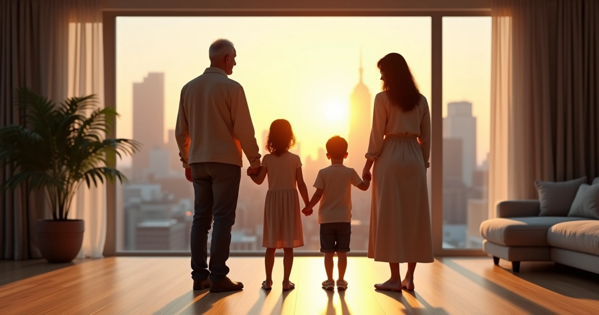 Familia de tres generaciones unida en círculo con sombras proyectando una ciudad al fondo 