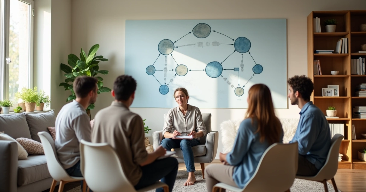 Terapeuta guiando a familia en circulo durante sesion de lectura sistemica 