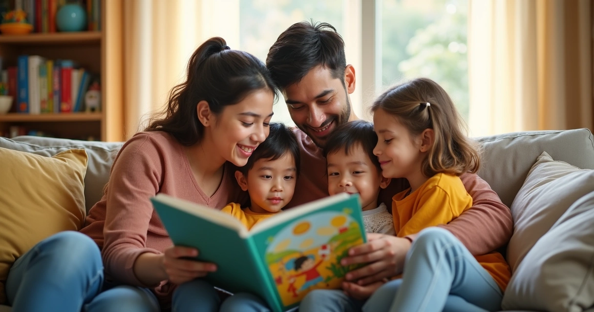 Família lendo junta em um sofá confortável em sala acolhedora com luz suave 