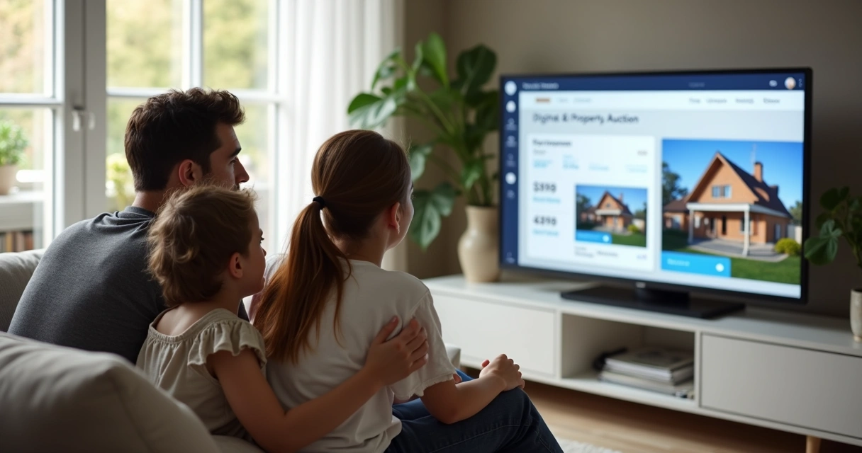 Família observando leilão de imóveis pela internet 