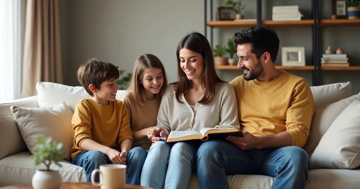 Família sentada no sofá lendo a Bíblia junta 